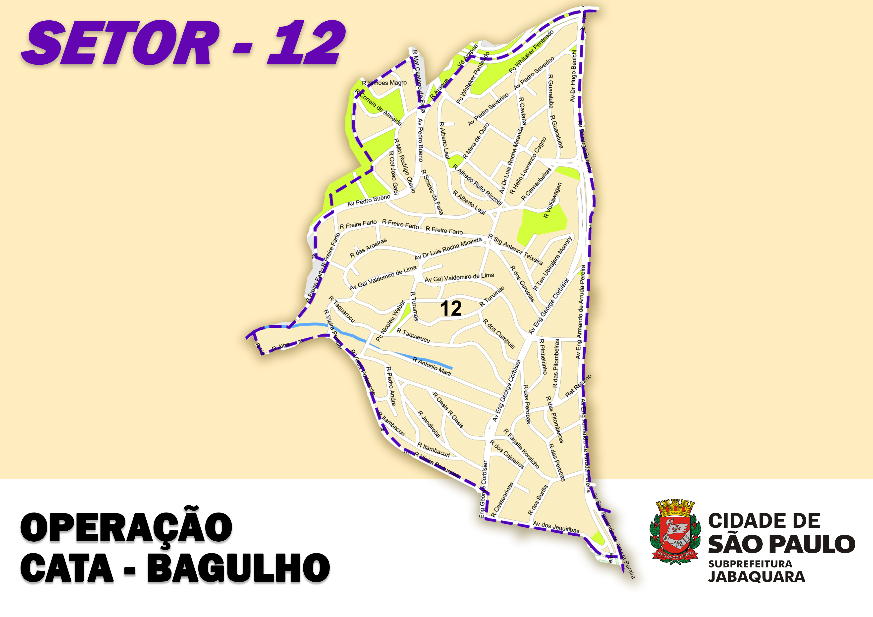 imagem com fundo amarelo e um mapa ao centro, com os dizeres "Operação Cata-bagulho" e o logotipo da prefeitura de São Paulo.